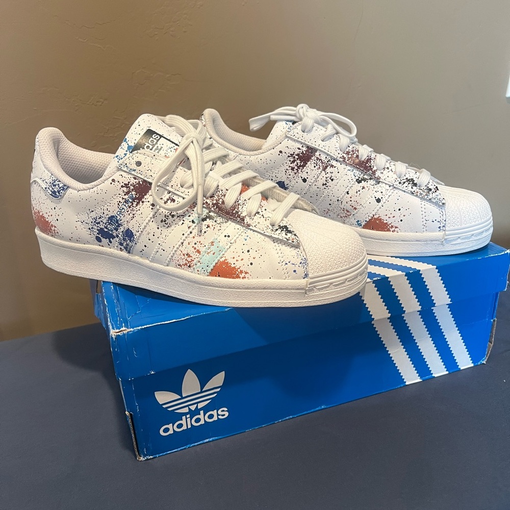 Adidas Super star J White Sneakers with Multicolor Splatter